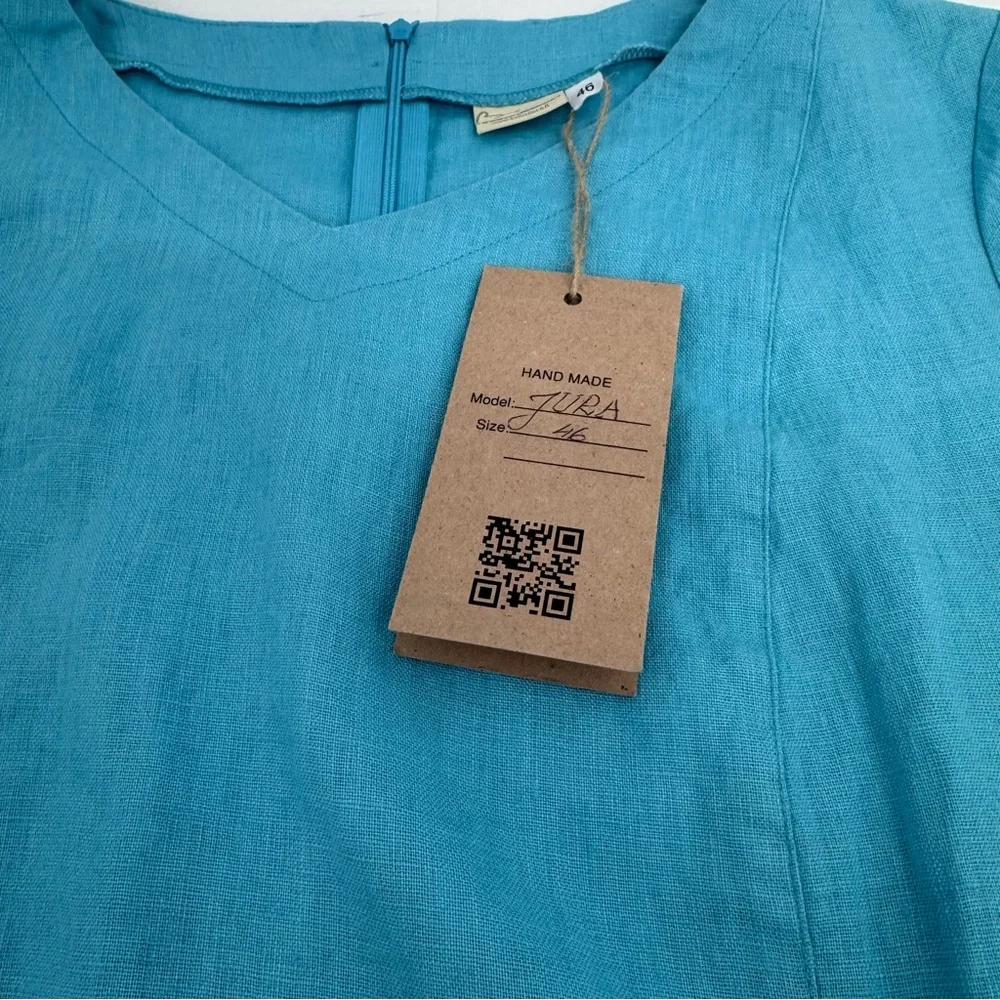 NWT Baltic Jura Linen Womens Size 46 Blue Midi Dress Short Sleeve V Neck Pockets - Picture 5 of 14